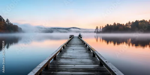 Fototapeta samoprzylepna A straight flat simplistic rectangular lake dock, beautiful sunrise, foggy, calm water. Nature relax wallpaper.