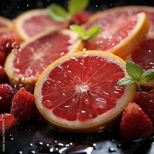 Fresh grapefruit sliced with berries. Generative AI. 