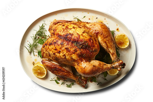 roasted chicken on isolated white background top view