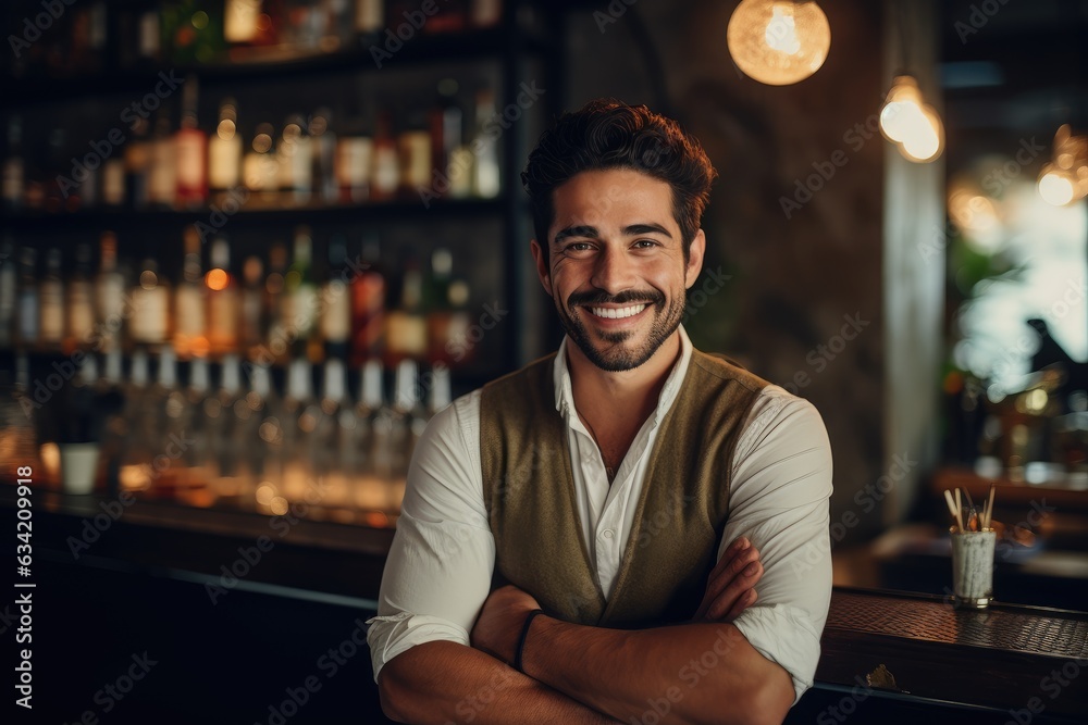 Fototapeta premium Young male latin bartender working in a cafe bar in the city