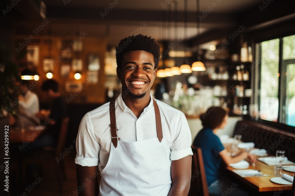Young male african american bartender working in a cafe bar in the city portrait Young male african american bartender working in a cafe bar in the city portrait
