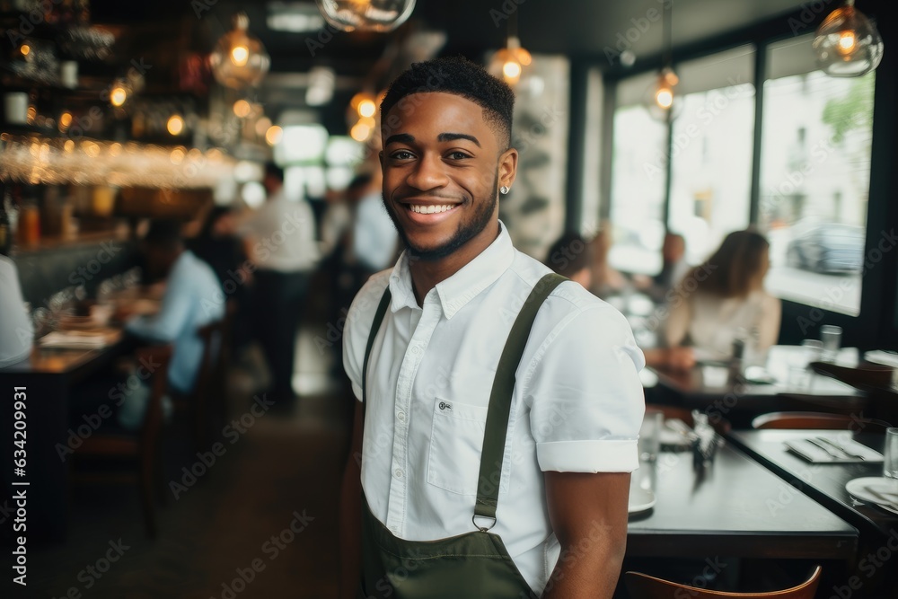Young male african american bartender working in a cafe bar in the city portrait