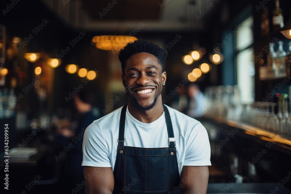 Young male african american waiter working in a cafe bar in the city portrait Young male african american waiter working in a cafe bar in the city portrait