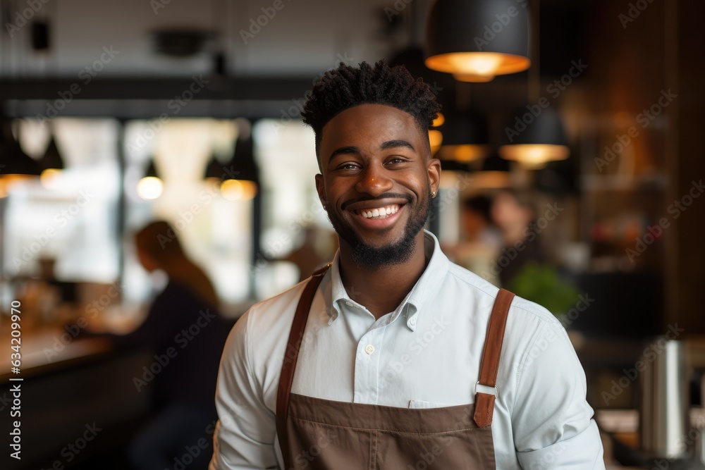Young male african american waiter working in a cafe bar in the city portrait Young male african american waiter working in a cafe bar in the city portrait