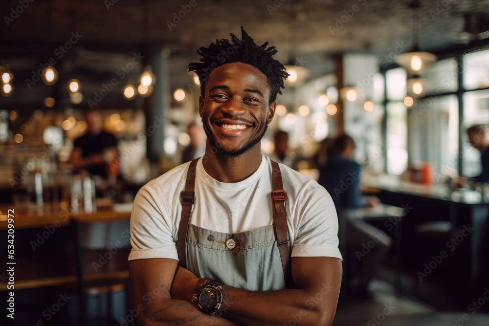 Young male african american waiter working in a cafe bar in the city portrait Young male african american waiter working in a cafe bar in the city portrait