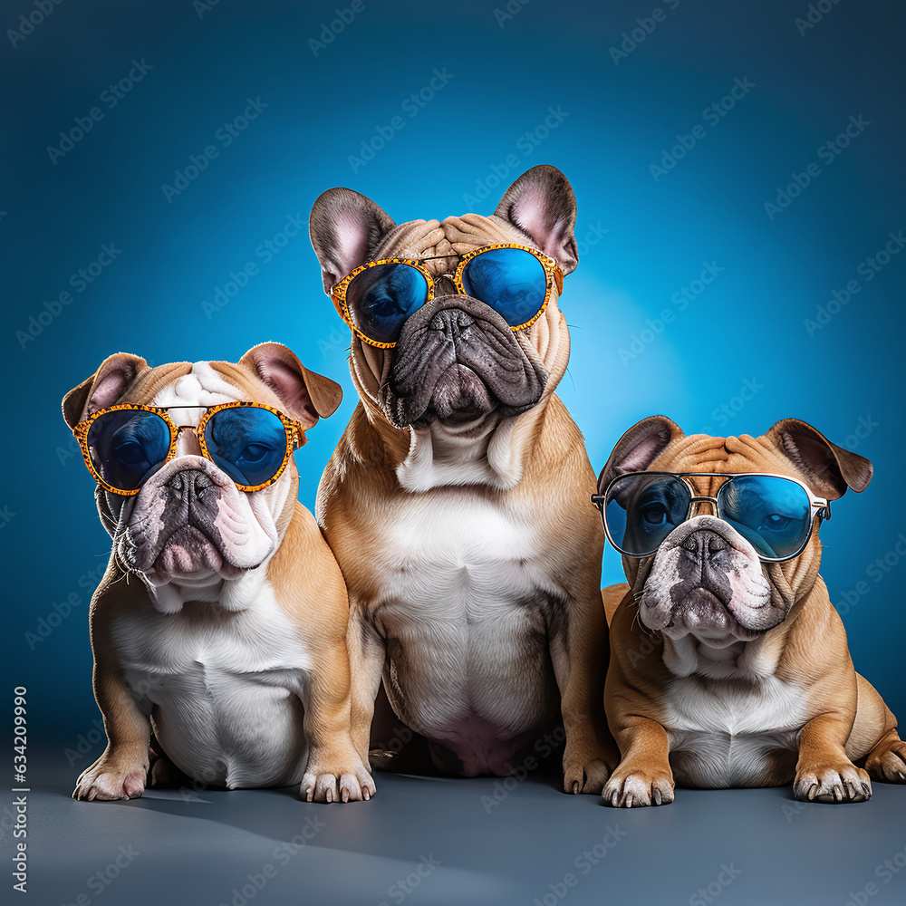 Playful Bulldog Family Portrait: Three Adorable Bulldogs in Sunglasses - Studio Shot with White and Brown Bulldogs on a Studio Background
