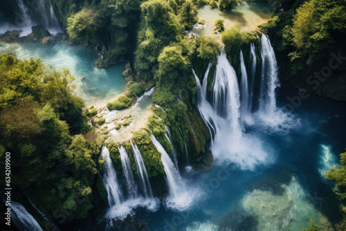 Majestic Aerial View of Enchanted Waterfall Surrounded by Lush Greenery and Sparkling Clear Waters