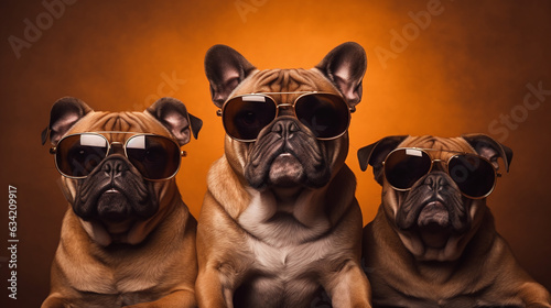 Playful Bulldog Family Portrait: Three Adorable Bulldogs in Sunglasses - Studio Shot with Brown Bulldogs on a Studio Background