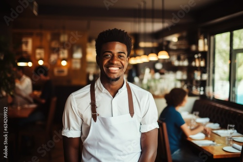 Young male african american bartender working in a cafe bar in the city portrait