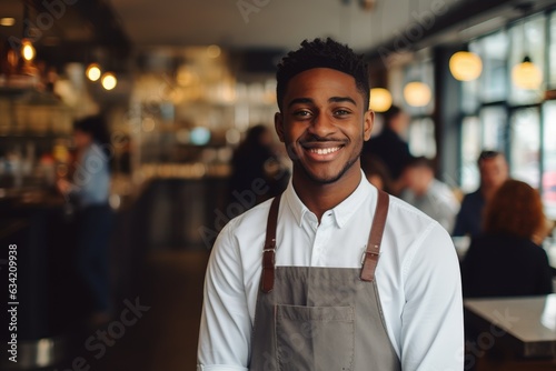 Young male african american bartender working in a cafe bar in the city portrait © NikoG