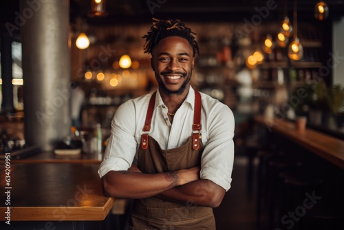 Young male african american waiter working in a cafe bar in the city portrait