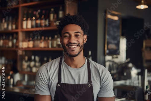 Young male african american waiter working in a cafe bar in the city portrait