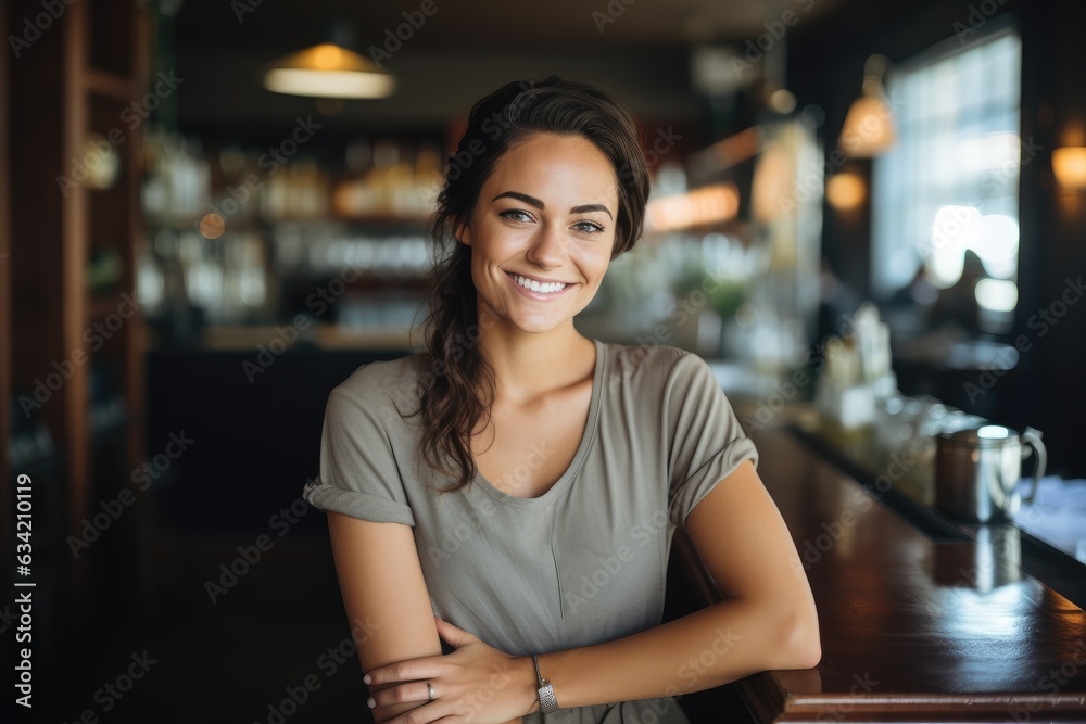 Portrait of a young female bartender working in a cafe bar in the city Portrait of a young female bartender working in a cafe bar in the city