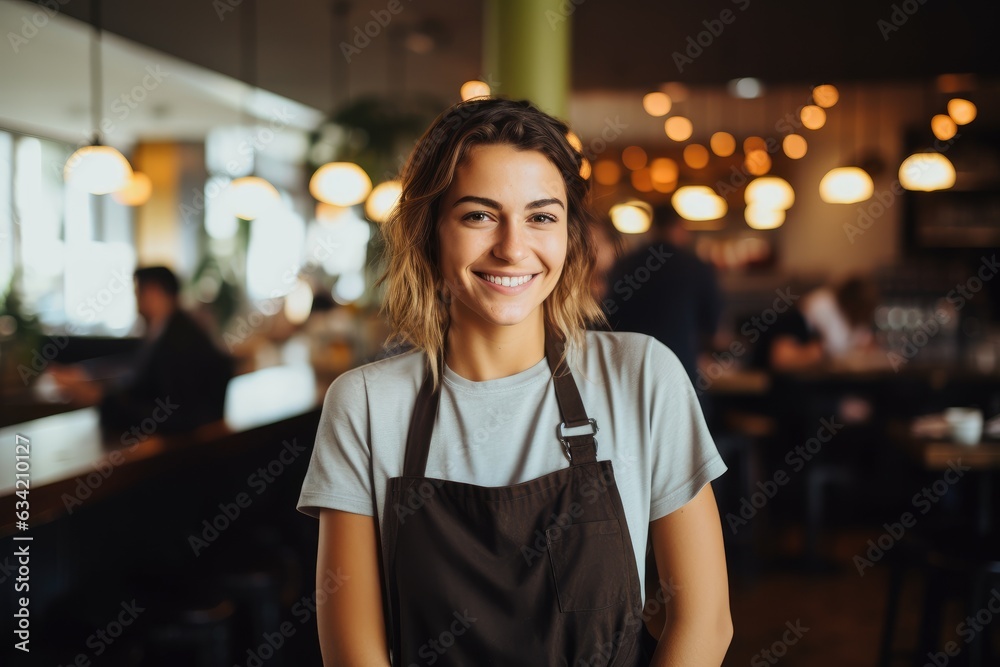 Portrait of a young female bartender working in a cafe bar in the city Portrait of a young female bartender working in a cafe bar in the city