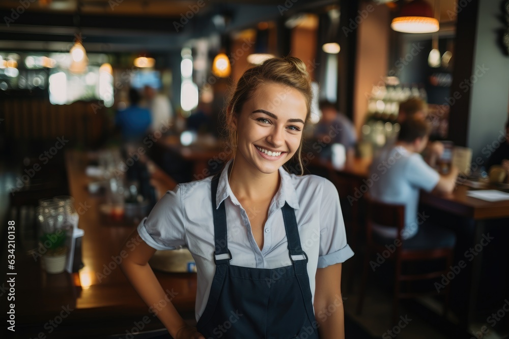 Portrait of a young female bartender working in a cafe bar in the city Portrait of a young female bartender working in a cafe bar in the city