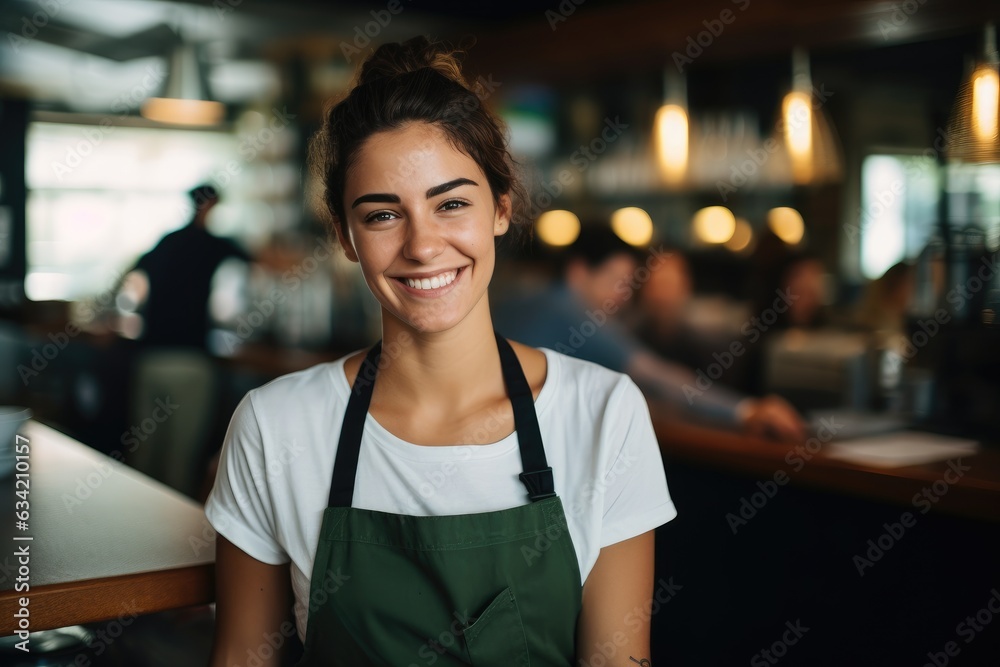 Young female waitress working in a cafe bar smiling