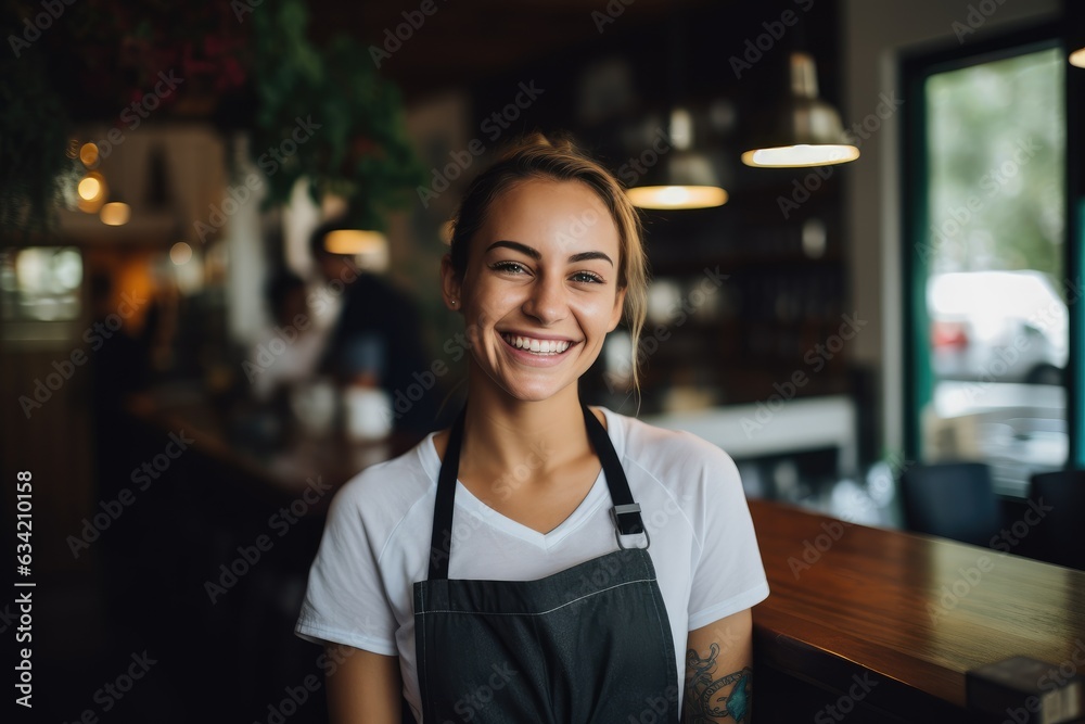 Young female waitress working in a cafe bar smiling Young female waitress working in a cafe bar smiling