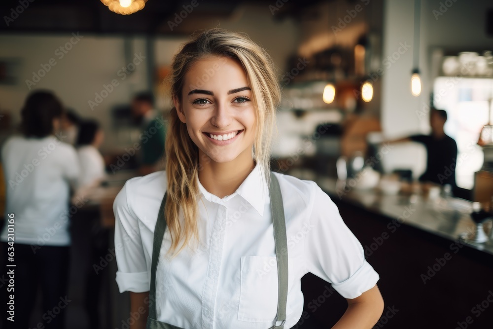 Young female waitress working in a cafe bar smiling Young female waitress working in a cafe bar smiling