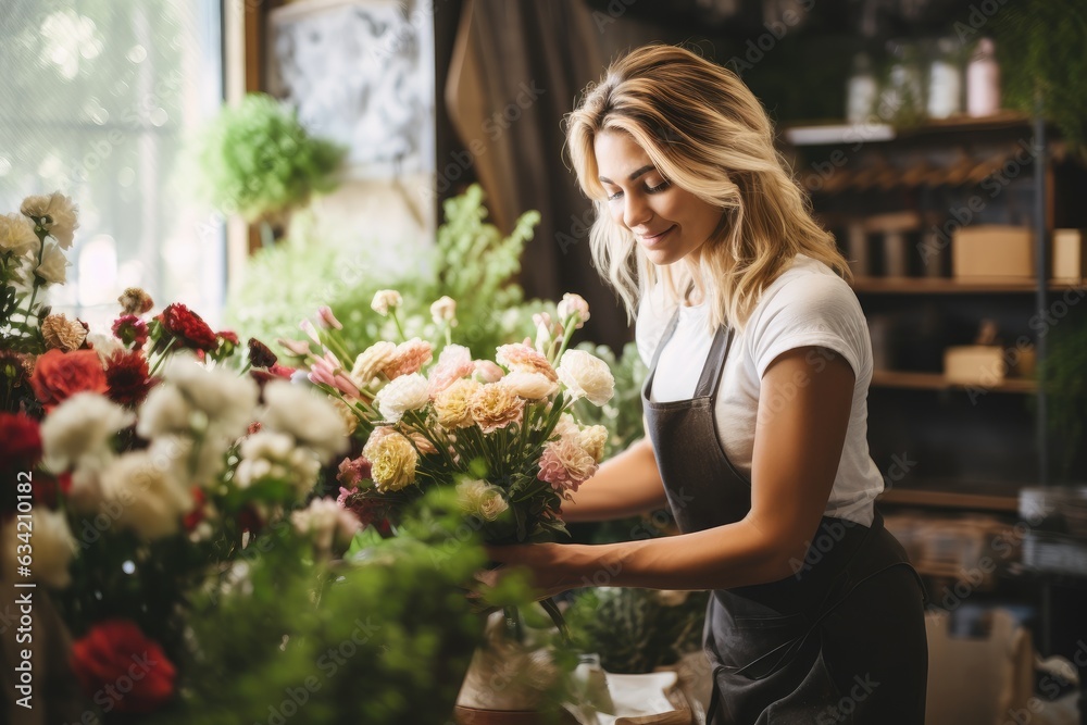 Young caucasian woman working in a flower shop selling flowers