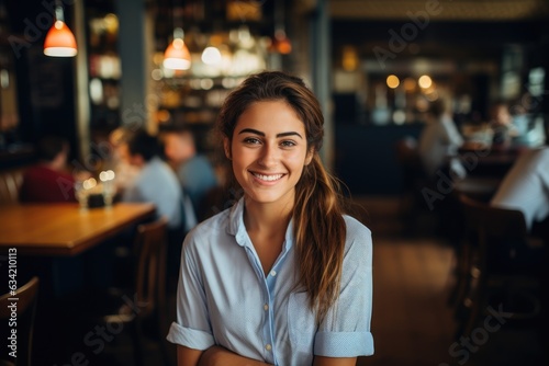 Portrait of a young female bartender working in a cafe bar in the city