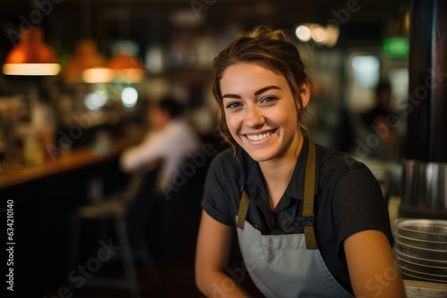 Portrait of a young female bartender working in a cafe bar in the city