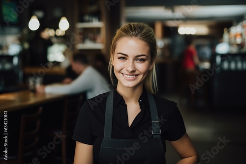 Portrait of a young female bartender working in a cafe bar in the city