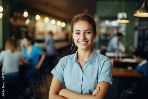 Young female waitress working in a cafe bar smiling