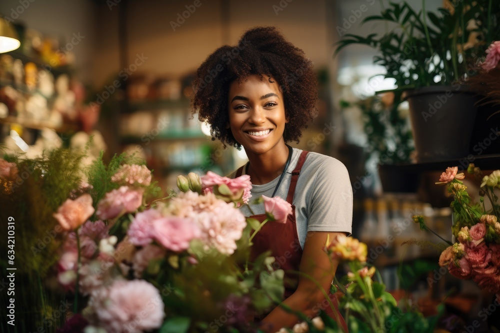 Young african american woman working in a flower shop