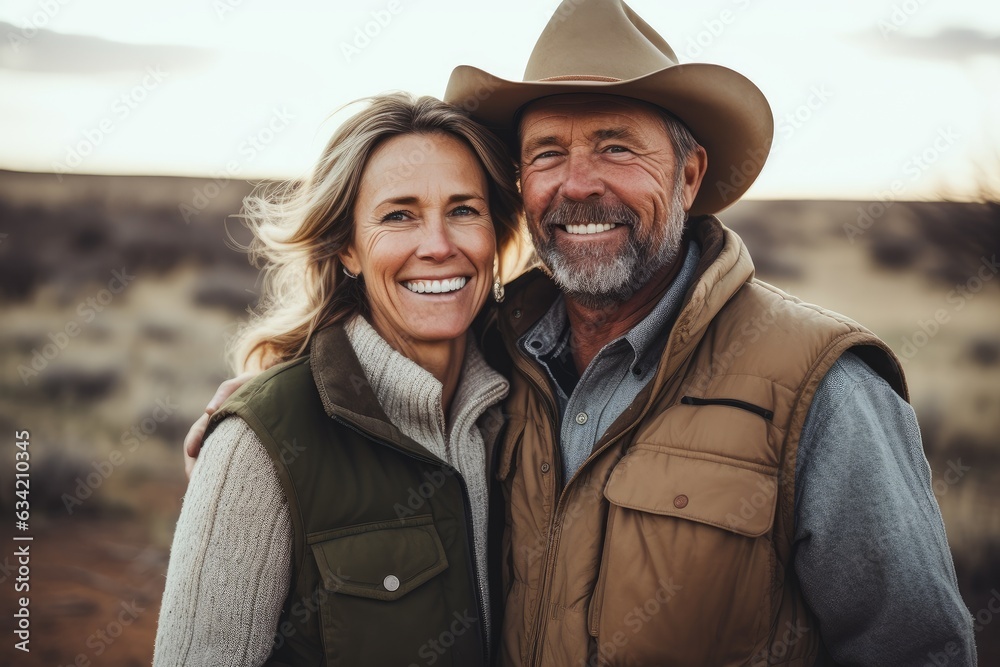 Middle aged caucasian couple living on a ranch in the countryside in the USA smiling portrait