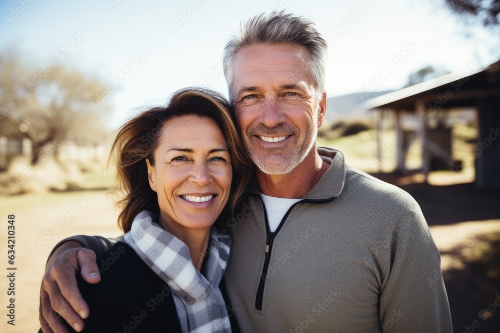 Middle aged caucasian couple living on a ranch in the countryside in the USA smiling portrait