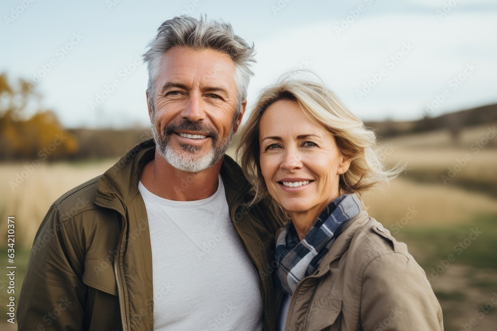 Middle aged caucasian couple living on a farm in the countryside smiling portrait