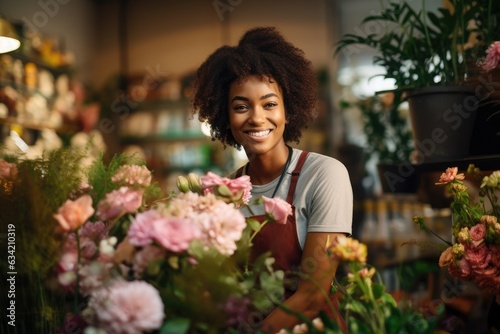 Young african american woman working in a flower shop © NikoG
