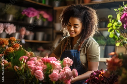 Young african american woman working in a flower shop © NikoG