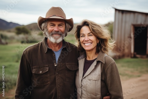 Middle aged caucasian couple living on a farm in the countryside smiling portrait