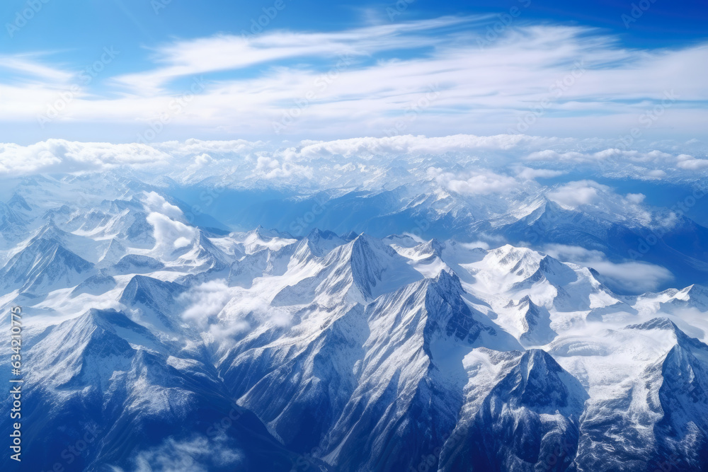 Obraz premium Awe-Inspiring Aerial View of Majestic Mountain Range with Snow-Capped Peaks and Lush Green Valleys