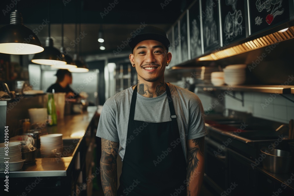 Young male japanese chef working in a restaurant kitchen smiling portrait