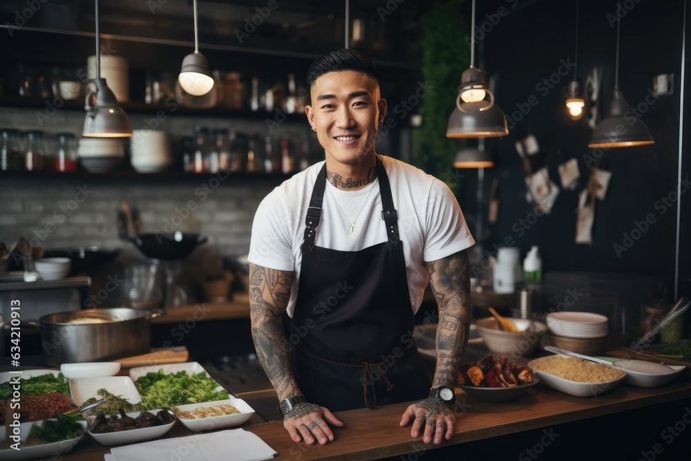 Young male korean chef working in a restaurant kitchen smiling portrait Young male korean chef working in a restaurant kitchen smiling portrait