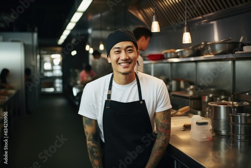 Young male chinese chef working in a restaurant kitchen smiling portrait