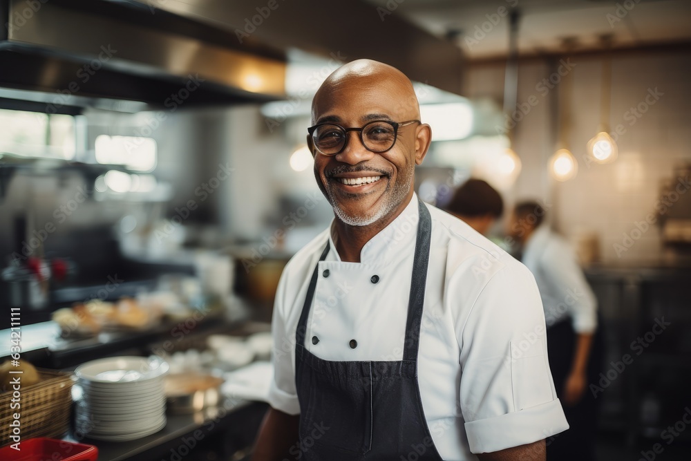 Portrait of an african american chef working in a restaurant kitchen Portrait of an african american chef working in a restaurant kitchen