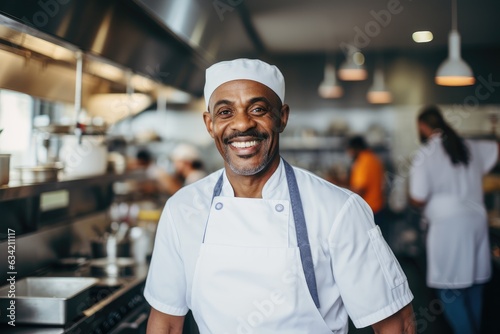 Portrait of an african american chef working in a restaurant kitchen photo