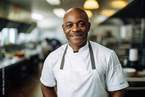 Middle aged african american chef working in a restaurant kitchen photo