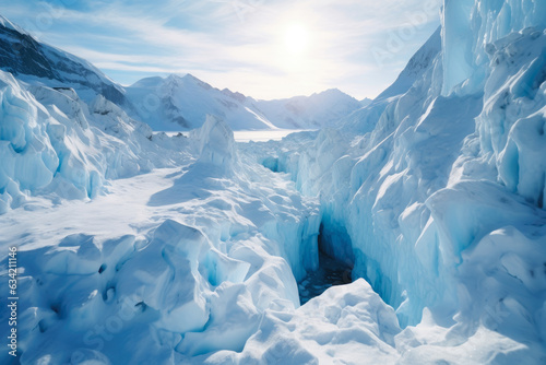 Majestic Aerial View of Breathtaking Ice Caves, Glistening in the Sunlight, Surrounded by Snow-Capped Mountains