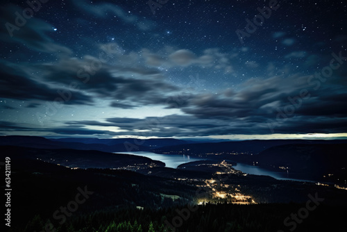Enchanting Aerial View of a Majestic Starry Night Sky Illuminating a Serene Landscape