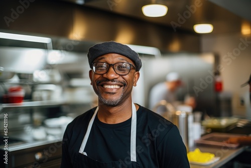 Middle aged african american chef working in a restaurant kitchen photo