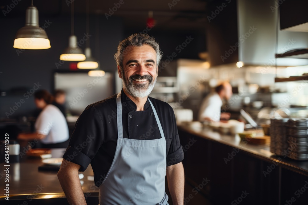 Fototapeta premium Middle aged spanish latin chef working in a restaurant kitchen smiling portrait