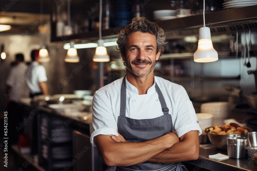 Middle aged french caucasian chef working in a restaurant kitchen smiling portrait Middle aged french caucasian chef working in a restaurant kitchen smiling portrait