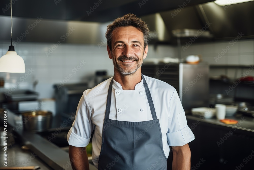 Middle aged swedish caucasian chef working in a restaurant kitchen smiling portrait Middle aged swedish caucasian chef working in a restaurant kitchen smiling portrait