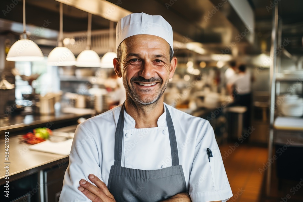 Middle aged german caucasian chef working in a restaurant kitchen smiling portrait