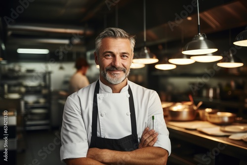Middle aged french caucasian chef working in a restaurant kitchen smiling portrait photo