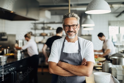 Middle aged swedish caucasian chef working in a restaurant kitchen smiling portrait